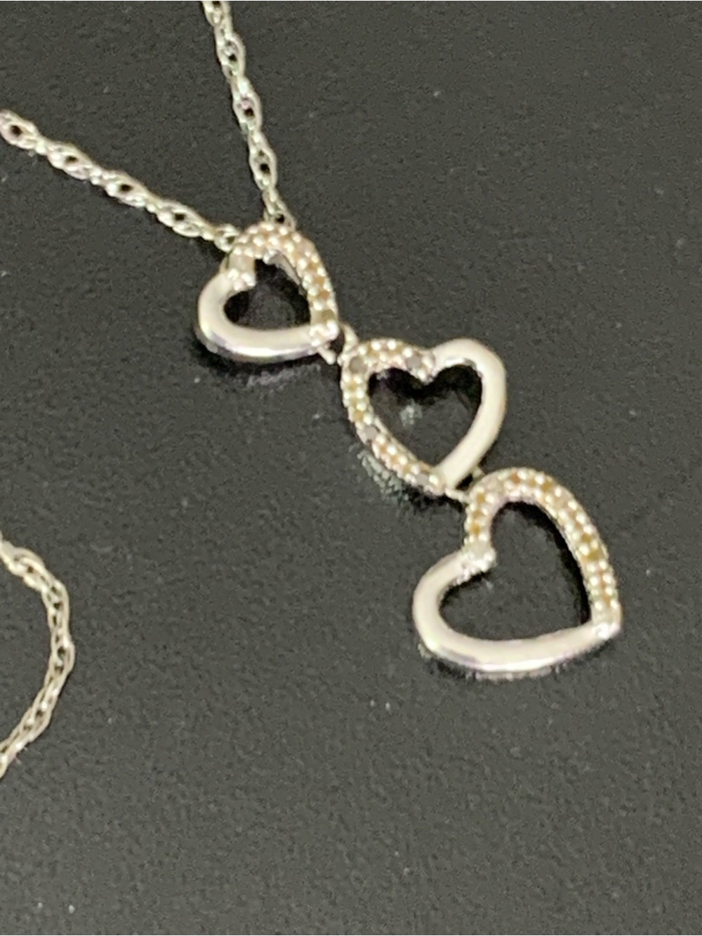 Vintage Sterling Silver Natural Black White Diamond Falling Hearts Pendant Neckl